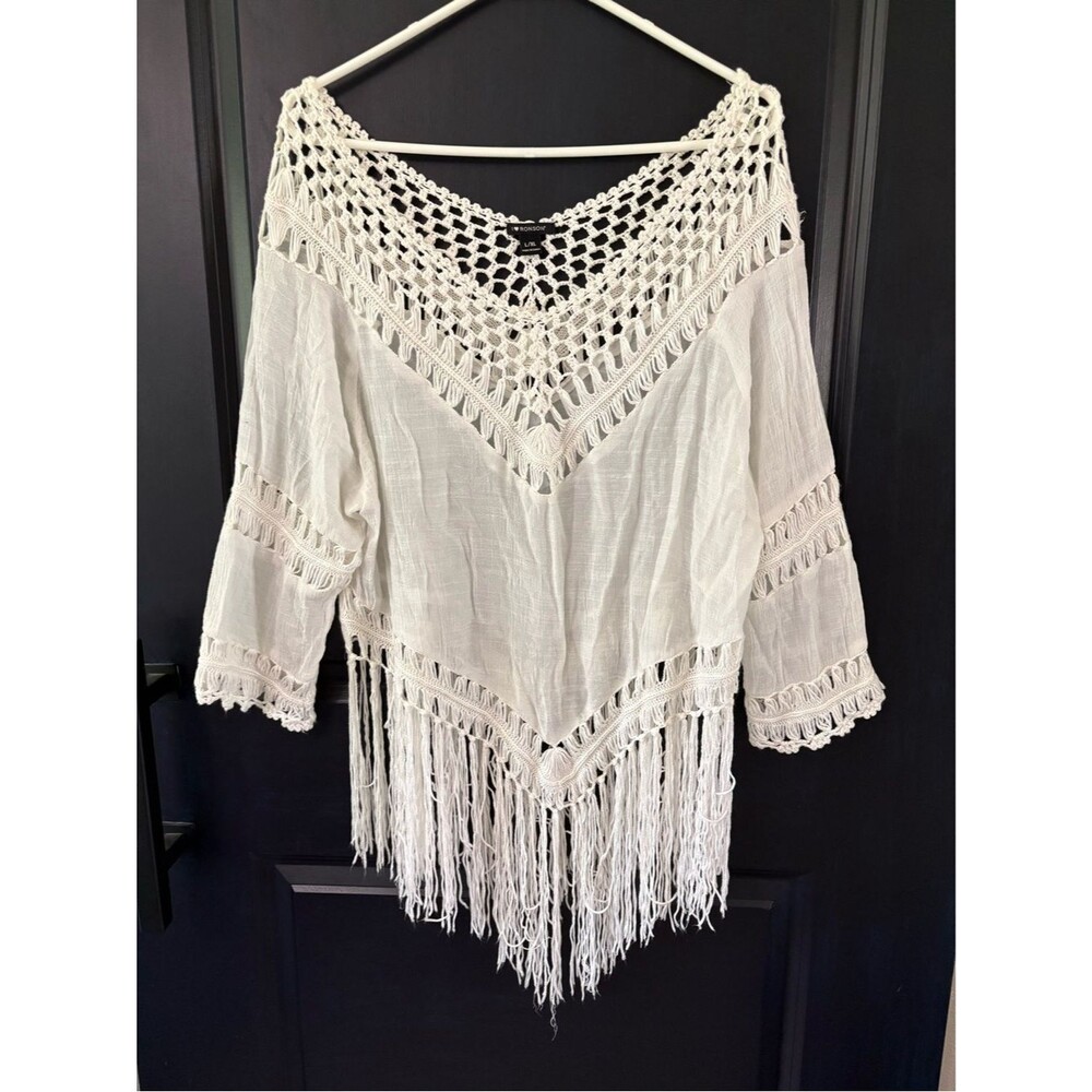 I Heart Ronson Ivory Crochet Fringe Swim Coverup